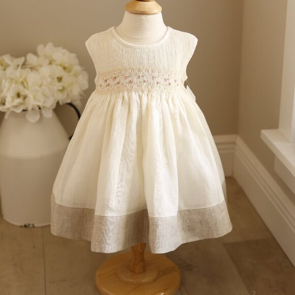 Linen Smocked Dress Cotton Linen Luxury Designer Boutique Size 6/9 Months NEW